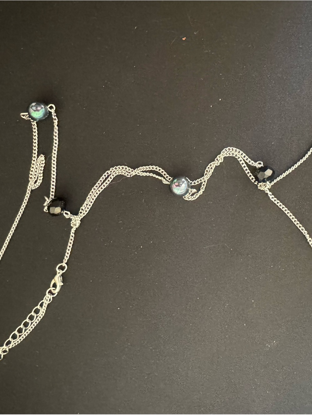Vintage Silver Tone Necklace With Black Pearl And Iridescent Beads Long